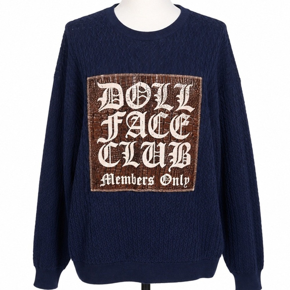 Bobby Jones Men Navy Cable Knit Sweater Custom Upcycled Doll Face Club XL Rare